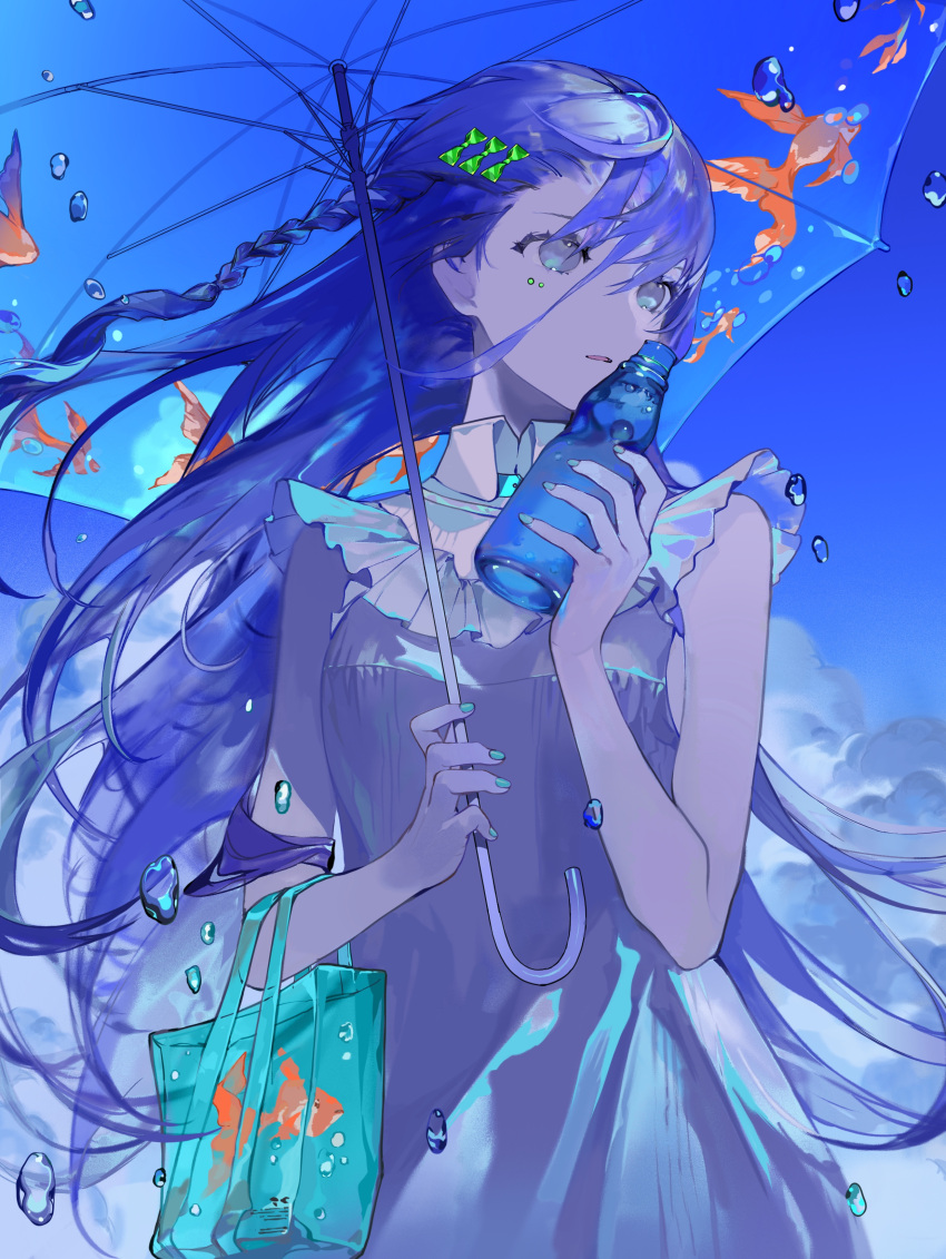 1girl, absurdres, aqua_nails, blue_hair, bottle, dress, glycan, grey_eyes