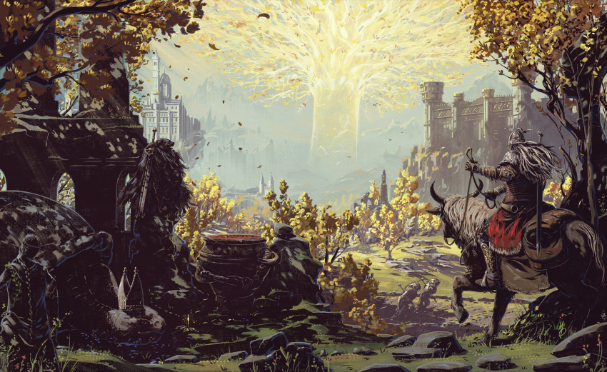 1boy, bloody_wolf_(elden_ring), castle, day, elden_ring, erdtree_(elden_ring), from_behind, hat