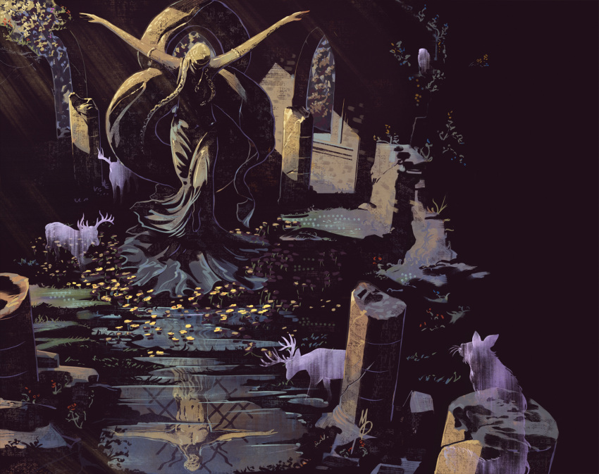 elden_ring, ghost, highres, max58art, no_humans, queen_marika_the_eternal, radagon_of_the_golden_order, ruins, scenery, spirit, statue