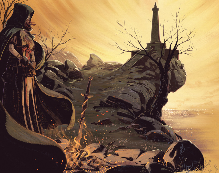1girl, bonfire_(dark_souls), brown_gloves, cape, cliff, dark_souls_(series), dark_souls_ii, dress