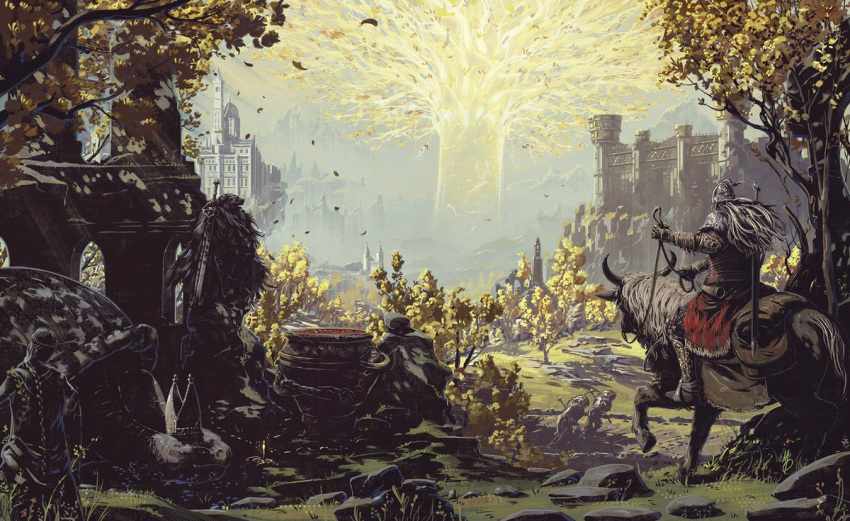 1boy, bloody_wolf_(elden_ring), castle, day, elden_ring, erdtree_(elden_ring), from_behind, hat