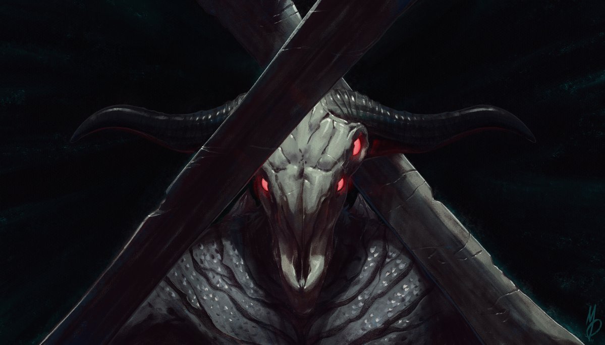 1other, animal_skull, capra_demon, dark_souls_(series), dark_souls_i, dual_wielding, extra_eyes, glowing