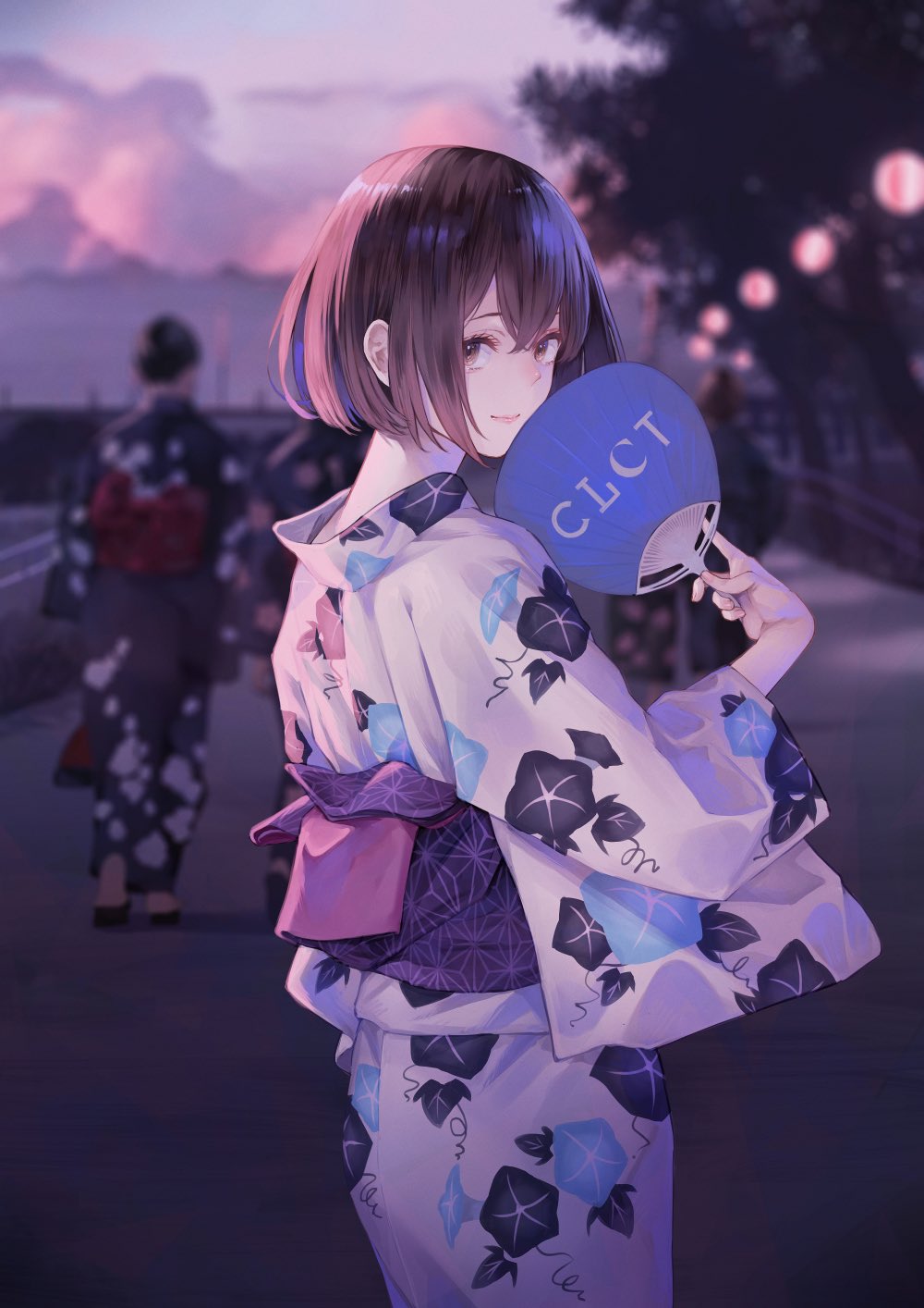 1girl, bob_cut, brown_eyes, brown_hair, closed_mouth, from_behind, hand_fan, highres
