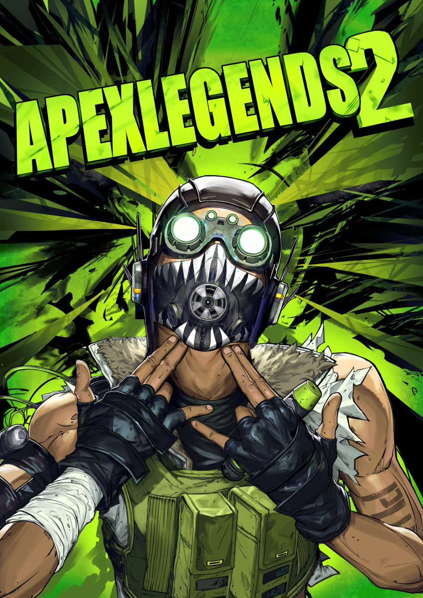 1boy, absurdres, apex_legends, arm_tattoo, black_gloves, borderlands_(series), borderlands_2, copyright_name, cover, fake_cover, finger_gun, fingerless_gloves, fur_trim, gloves, glowing, green_vest, head_tilt, highres, holding, holding_syringe, logo_parody, look-alike, male_focus, mask, mouth_mask, octane_(apex_legends), panko_(drive_co), parody, solo, syringe, tattoo, vest, video_game_cover