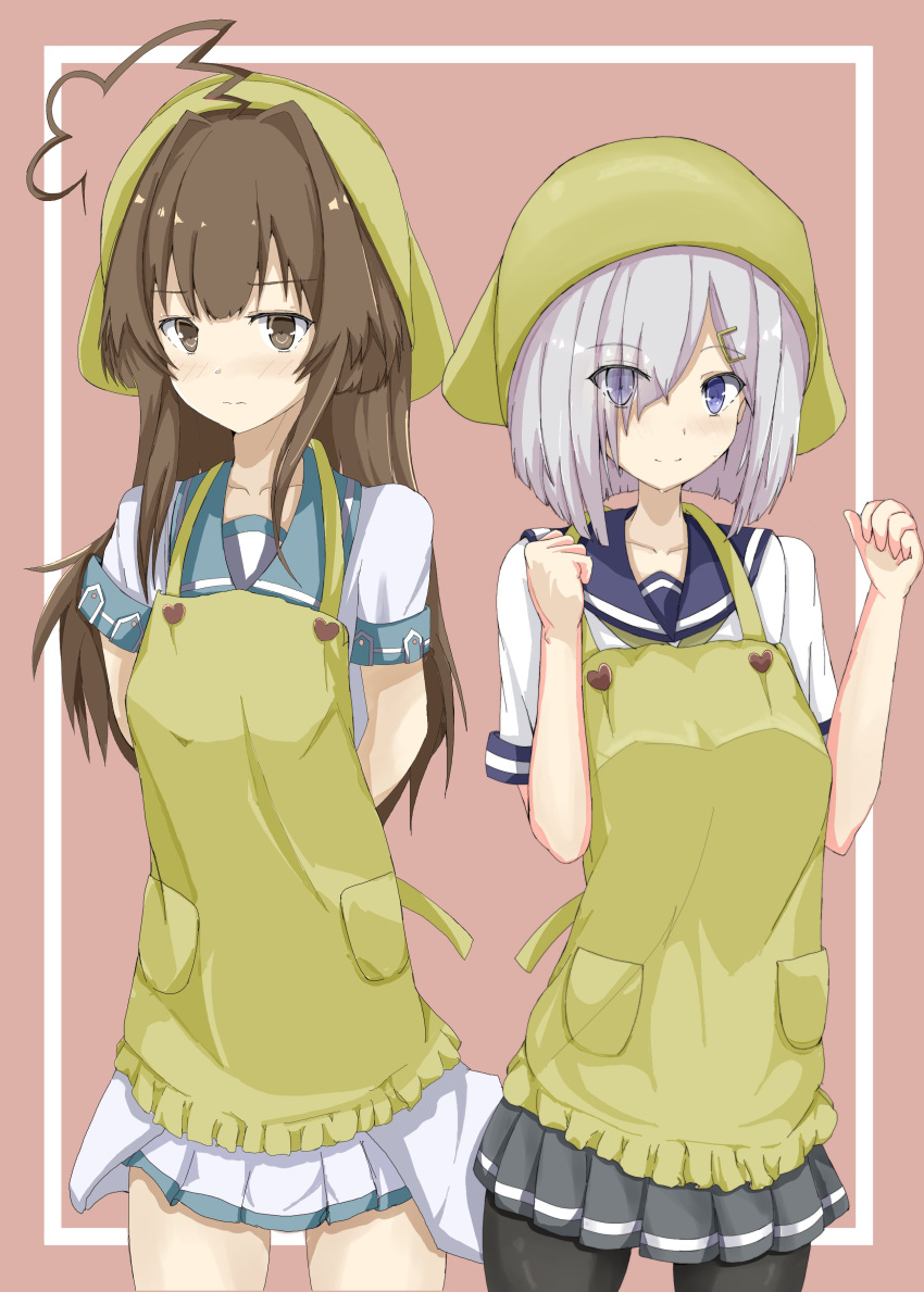 2girls, absurdres, ahoge, apron, arms_behind_back, black_pantyhose, blue_eyes, blue_sailor_collar
