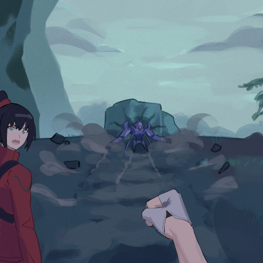 1boy, 1girl, :o, black_hair, clenched_hand, consul_(xenoblade), dust_cloud, fikkyun