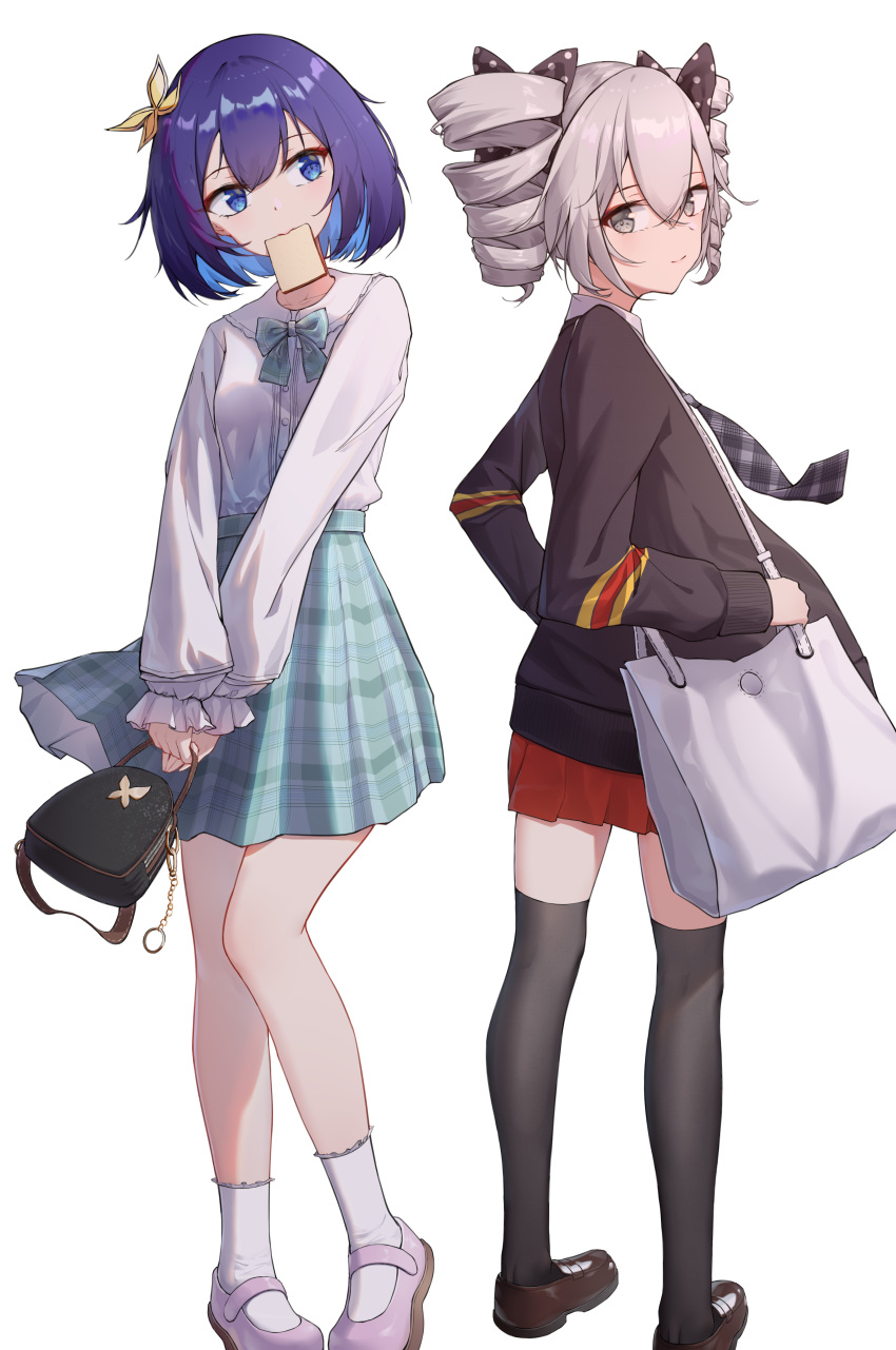 2girls, absurdres, bag, bangs, blue_eyes, blue_hair, bow, bowtie, bronya_zaychik, bronya_zaychik_(wolf's_dawn), brown_footwear, casual, commentary_request, crossed_bangs, drill_hair, food, food_in_mouth, frilled_sleeves, frills, grey_eyes, grey_hair, hair_bow, hair_ornament, handbag, highres, honkai_(series), honkai_impact_3rd, jacket, kuo_(kuo114514), loafers, long_hair, long_sleeves, looking_at_another, messenger_bag, miniskirt, mouth_hold, multicolored_hair, multiple_girls, pleated_skirt, polka_dot, polka_dot_bow, red_skirt, seele_vollerei, shirt, shoes, shoulder_bag, simple_background, skirt, smile, socks, standing, thigh-highs, toast, toast_in_mouth, twin_drills, two-tone_hair, white_background, white_footwear, white_shirt
