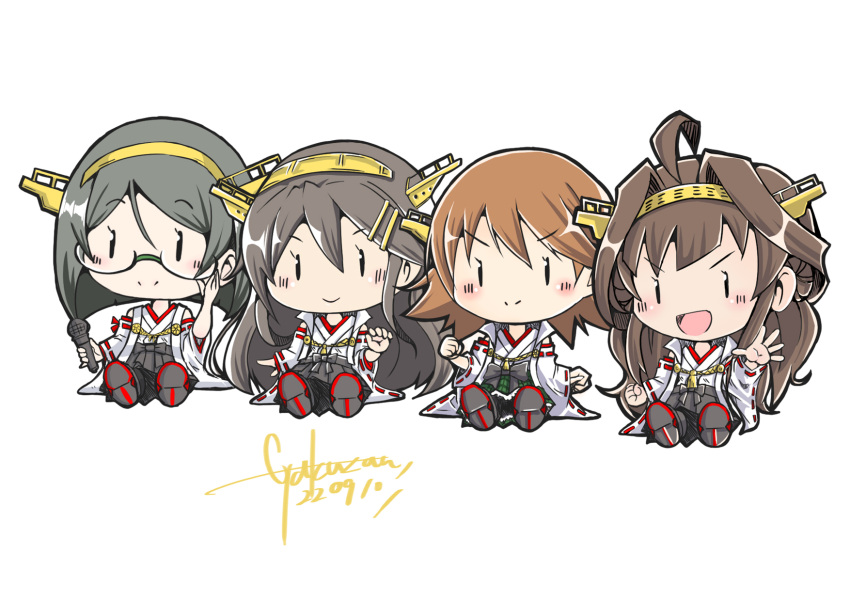 4girls, ahoge, artist_name, black_hair, brown_hair, commentary_request, dated, detached_sleeves