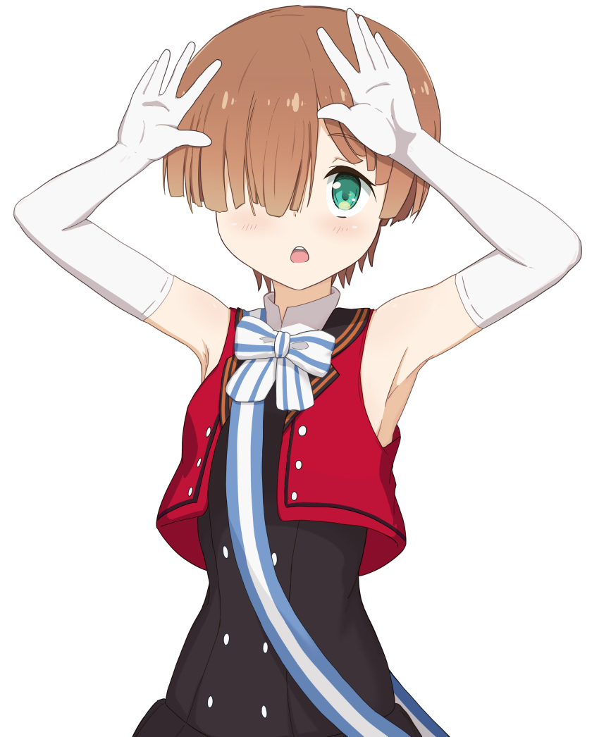 1girl, absurdres, armpits, aviation_magic_band, blush, brown_hair, elbow_gloves, gloves
