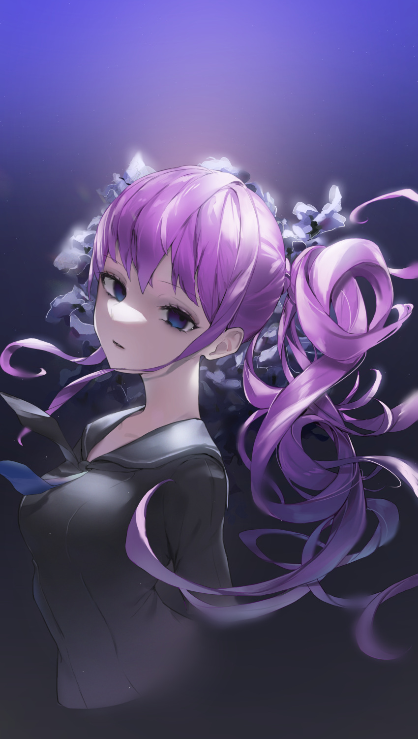 1girl, absurdres, arms_behind_back, asahina_mafuyu, blue_eyes, breasts, floating_hair, flower