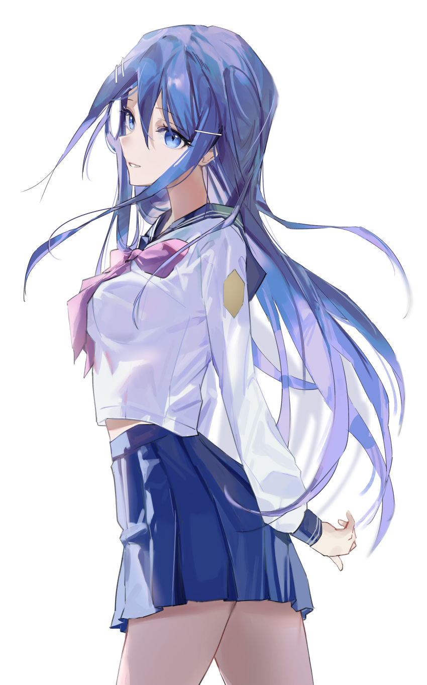 1girl, absurdres, arms_behind_back, blue_eyes, blue_hair, blue_sailor_collar, blue_serafuku, blue_skirt