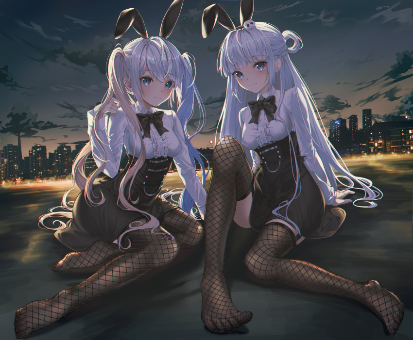 2girls, absurdres, animal_ears, bangs, black_bow, black_bowtie, black_skirt, black_thighhighs