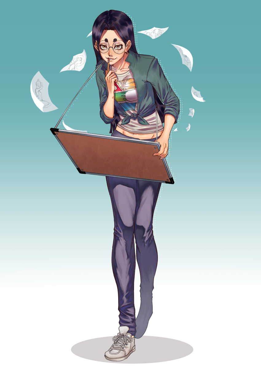 1girl, :d, absurdres, casual, commission, dujan, fujiyama_fujiko, full_body, glasses, green_background, green_jacket, grin, highres, holding, holding_pencil, jacket, jojo_no_kimyou_na_bouken, long_hair, looking_at_viewer, midriff, navel, pants, paper, pencil, purple_pants, shirt, shoes, sleeves_past_elbows, smile, sneakers, solo, stone_ocean, teeth, thick_eyebrows, white_footwear, white_shirt, yellow_eyes