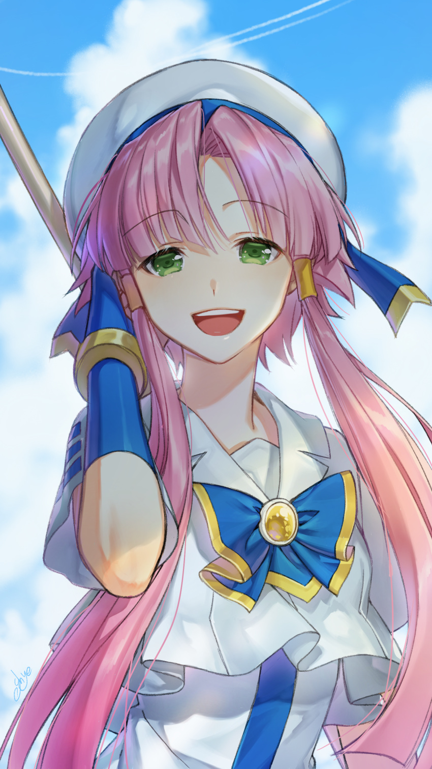 1girl, :d, absurdres, aria, bangs, blue_bow, blue_bowtie, blue_gloves