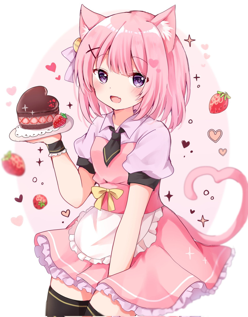 1girl, :d, animal_ear_fluff, animal_ears, between_legs, black_thighhighs, cake, cat_ears