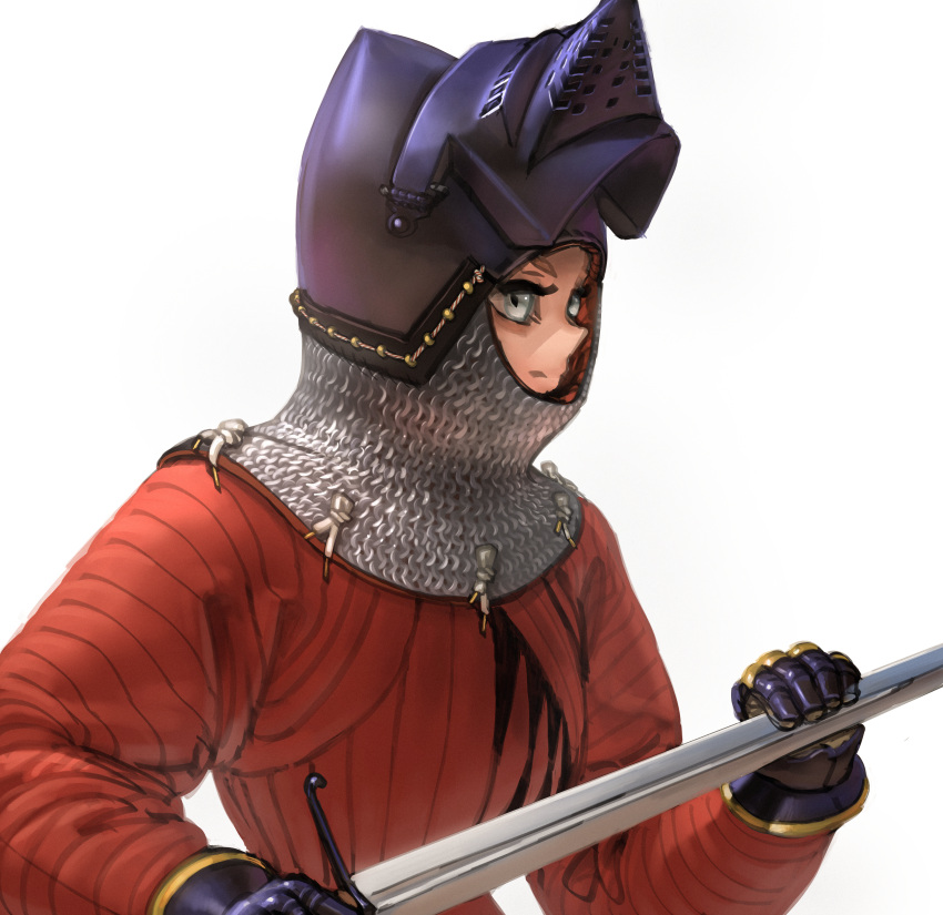 1girl, absurdres, armor, chainmail, closed_mouth, emmelot_(wassnonnam), from_side, full_armor, gambeson, gauntlets, grey_eyes, helm, helmet, highres, holding, holding_sword, holding_weapon, original, profile, simple_background, solo, sword, visor_(armor), visor_lift, wassnonnam, weapon, white_background