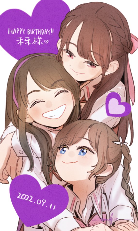 3girls, :d, ^_^, arms_around_neck, artist_name, assault_lily, bangs, behind_another