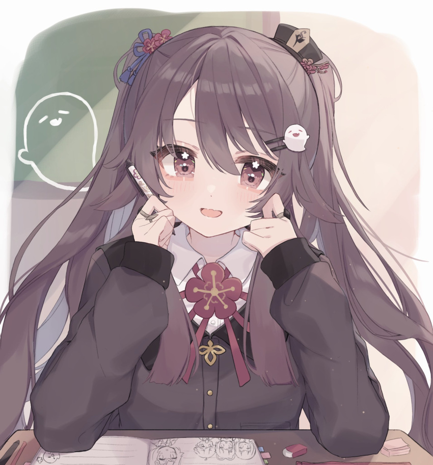 1girl, :d, bangs, blush, boo_tao_(genshin_impact), book, brown_eyes, brown_headwear