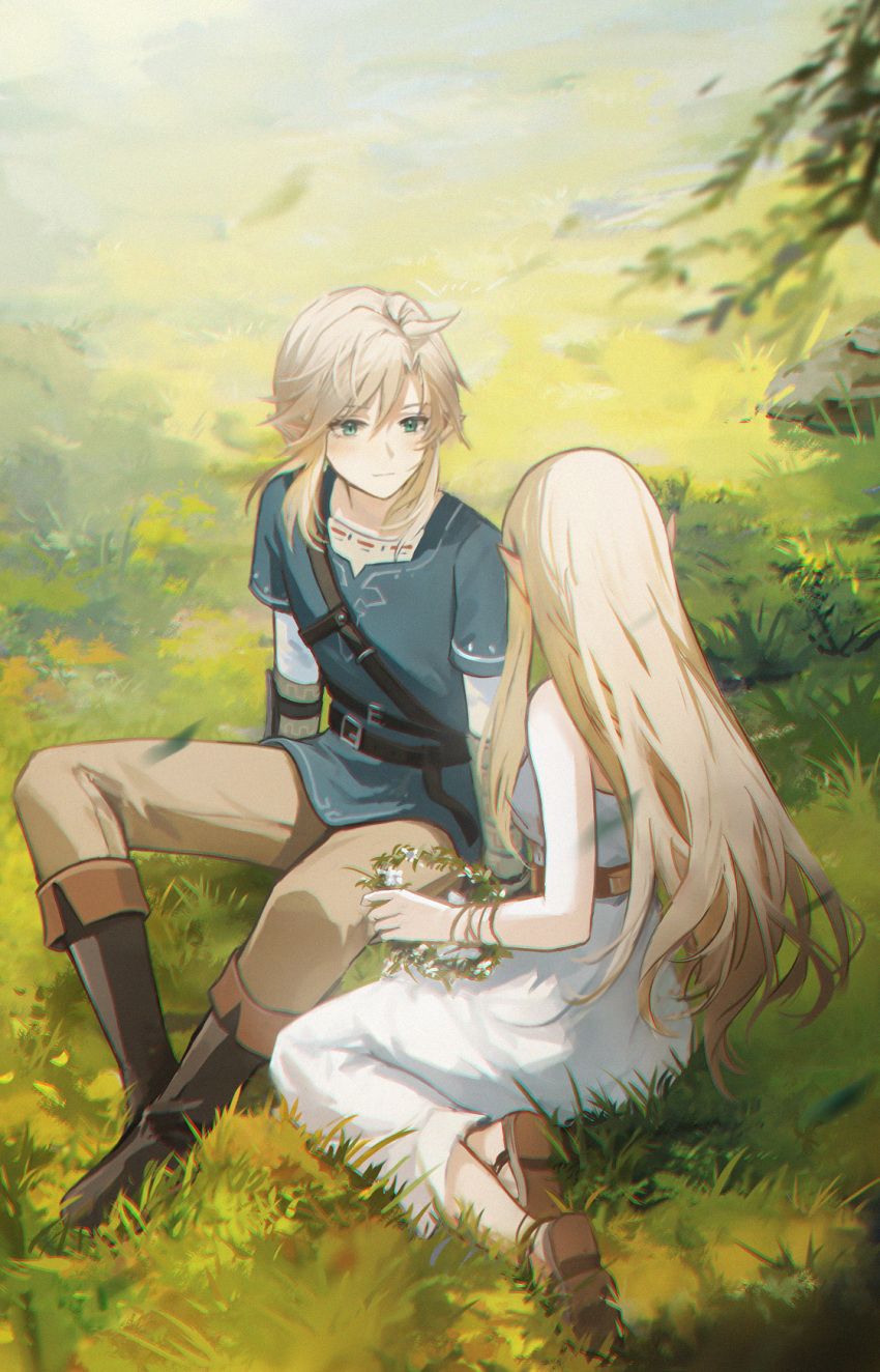 1boy, 1girl, bangs, blonde_hair, blue_eyes, blue_tunic, boots, breasts