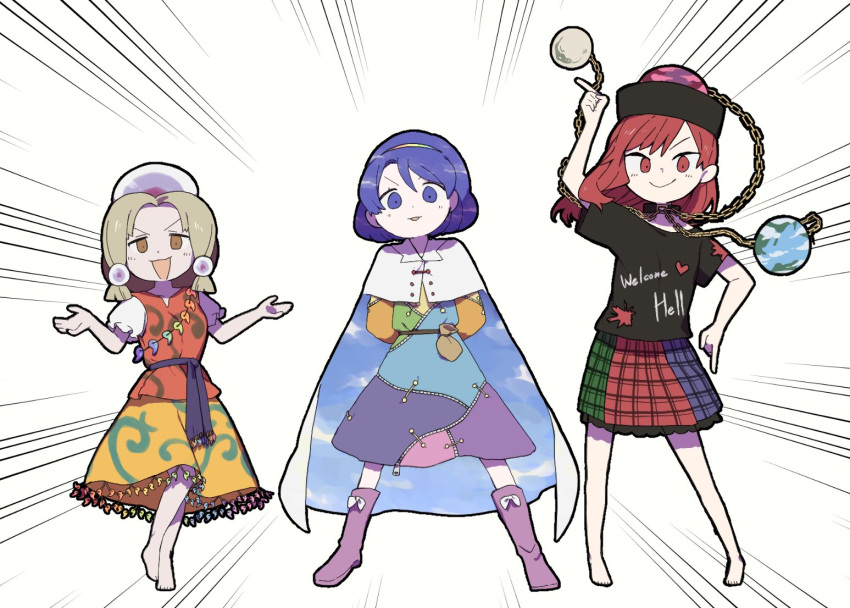 3girls, arm_up, arms_behind_back, arolayukomori, bangs, bare_shoulders, barefoot, belt, black_choker, black_headwear, black_shirt, blue_dress, blue_eyes, blue_hair, blue_hairband, blue_sky, boots, bow, brown_eyes, buttons, chain, choker, cloak, closed_mouth, clothes_writing, cloud_print, clouds, cloudy_sky, commentary_request, dress, earrings, earth_(ornament), footwear_bow, frills, full_body, green_dress, green_hair, green_skirt, hair_between_eyes, hair_ornament, hairband, hand_up, hands_up, heart, heart_print, hecatia_lapislazuli, jewelry, looking_at_viewer, medium_hair, moon_(ornament), multicolored_clothes, multicolored_dress, multicolored_hair, multicolored_hairband, multicolored_skirt, multiple_girls, off-shoulder_shirt, off_shoulder, open_mouth, orange_dress, orange_hairband, orange_skirt, pink_dress, plaid, plaid_skirt, pointing, polos_crown, puffy_short_sleeves, puffy_sleeves, purple_belt, purple_bow, purple_dress, purple_footwear, purple_skirt, rainbow_gradient, rainbow_order, red_eyes, red_skirt, red_vest, redhead, shirt, short_hair, short_sleeves, simple_background, skirt, sky, sky_print, smile, standing, t-shirt, tamatsukuri_misumaru, tenkyuu_chimata, tiara, touhou, two-tone_hair, underworld_(ornament), v-shaped_eyebrows, vest, white_background, white_cloak, white_shirt, yellow_dress, yellow_hairband