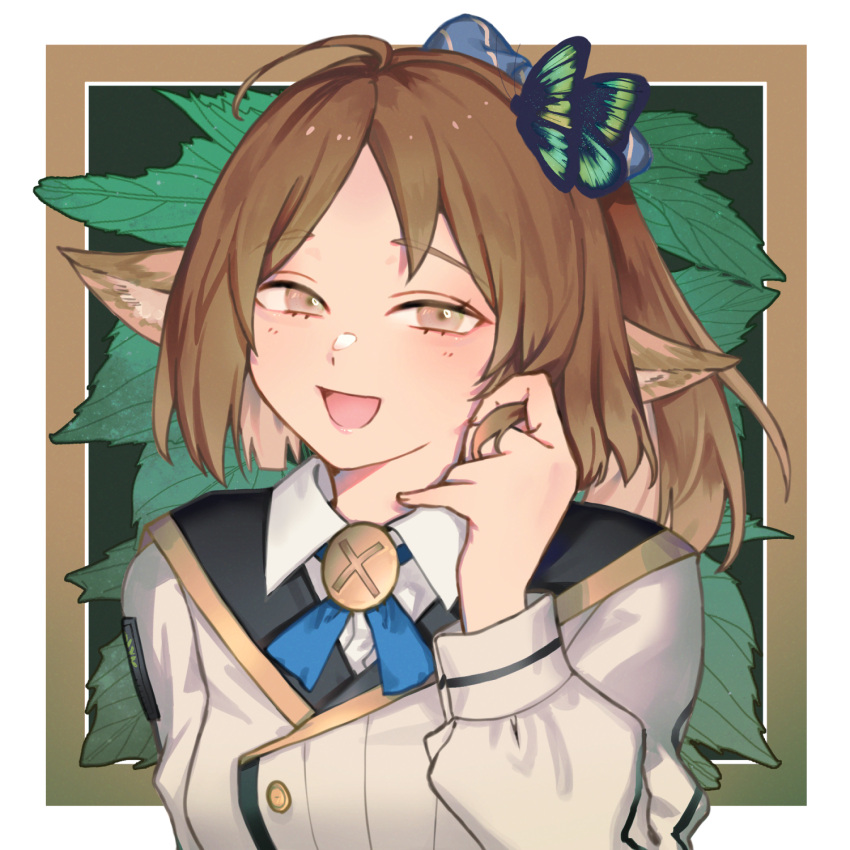 1girl, :d, ahoge, animal_ears, arknights, blue_necktie, border, brown_eyes