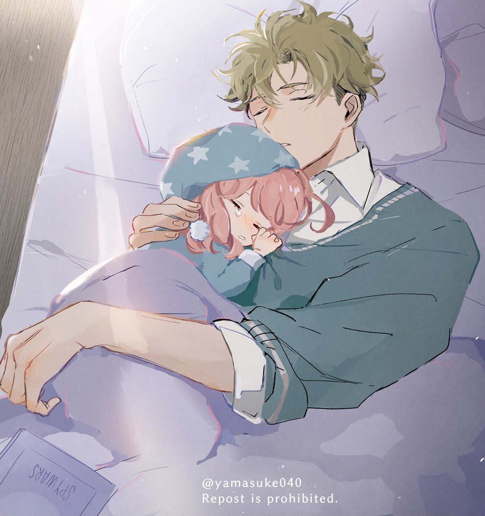 1boy, 1girl, anya_(spy_x_family), bangs, bed, blanket, blonde_hair, blue_sweater
