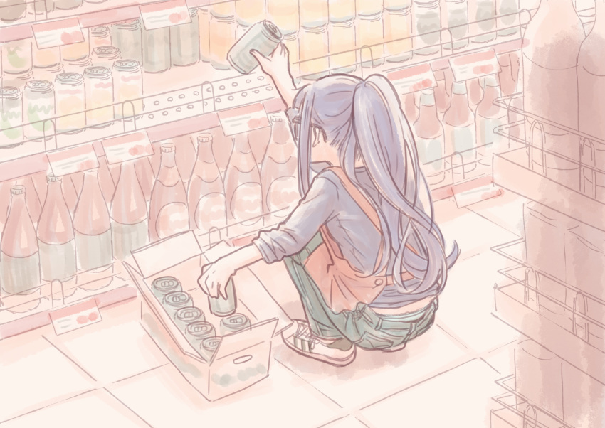 1girl, apron, bottle, box, can, cardboard_box, facing_away, glasses