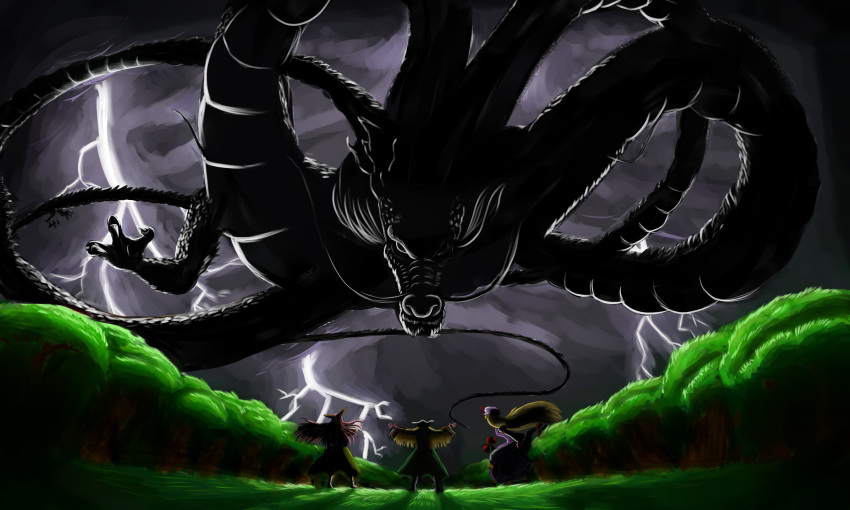 1boy, 3girls, absurdres, arbizo, blonde_hair, clouds, cloudy_sky, dragon, dragon_god_(touhou), gap_(touhou), grass, hat, highres, horns, ibaraki_douji_(touhou), ibaraki_kasen, landscape, lightning, matara_okina, mob_cap, multiple_girls, oni_horns, pink_hair, shadow, sitting, size_difference, skirt, sky, touhou, tree, yakumo_yukari