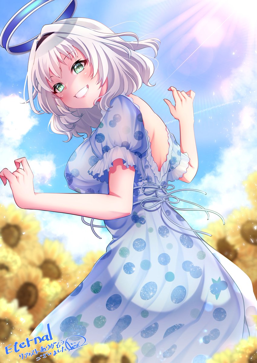 1girl, breasts, commission, dress, flower, from_behind, green_eyes, hero_(10cl3), highres, kamishiro_rita, large_breasts, mechanical_halo, prism_project, puffy_short_sleeves, puffy_sleeves, second-party_source, short_hair, short_sleeves, skeb_commission, smile, solo, sunflower, sunlight, virtual_youtuber, white_hair