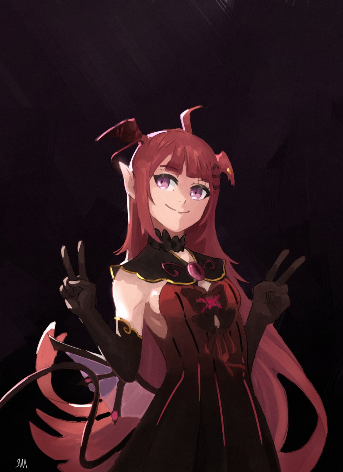 1girl, araka_luto, black_gloves, breasts, butterfly_hair_ornament, butterfly_ornament, demon_girl, demon_tail