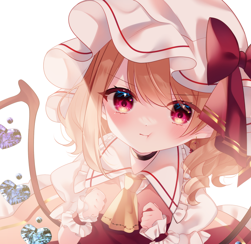 1girl, alternate_wings, ascot, backlighting, blonde_hair, cacao_(cacaomgmg), clenched_hands, closed_mouth