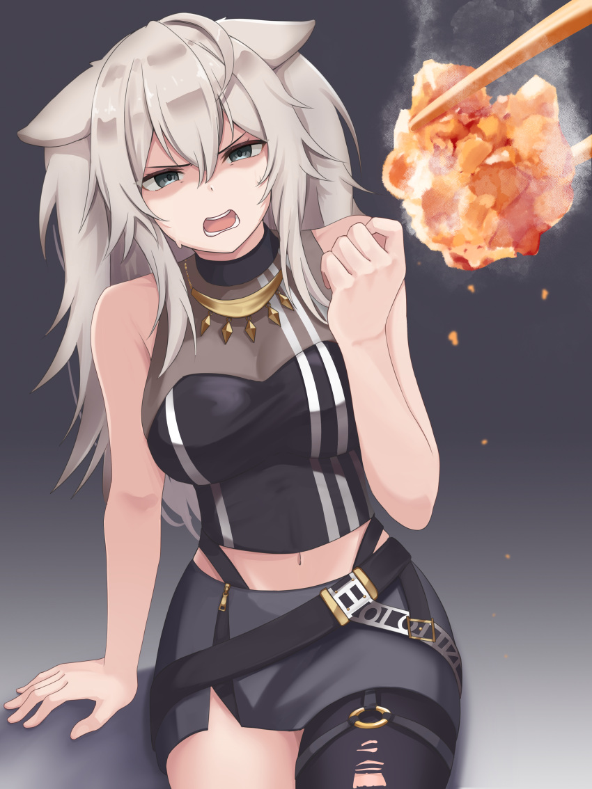 1girl, absurdres, ahoge, animal_ears, black_background, black_eyes, black_pantyhose, black_shirt
