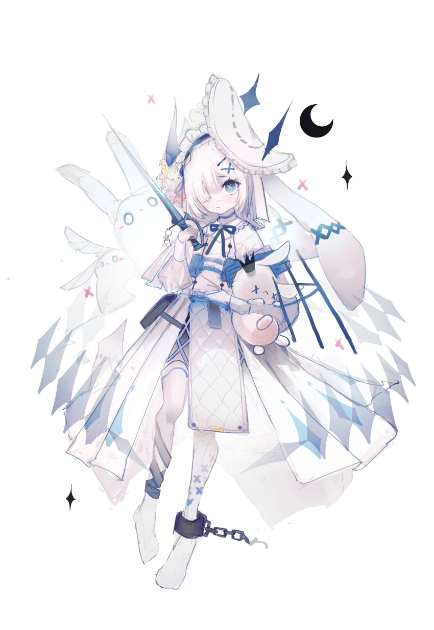 1girl, absurdres, akashic_chronicle, anna_(akashic_chronicle), blue_eyes, blue_theme, dress, full_body, hair_over_one_eye, highres, holding, holding_stuffed_toy, horns, one_eye_covered, short_hair, solo, stuffed_animal, stuffed_bunny, stuffed_toy, tl_(hentai69561353), white_background, white_dress, white_hair, white_theme