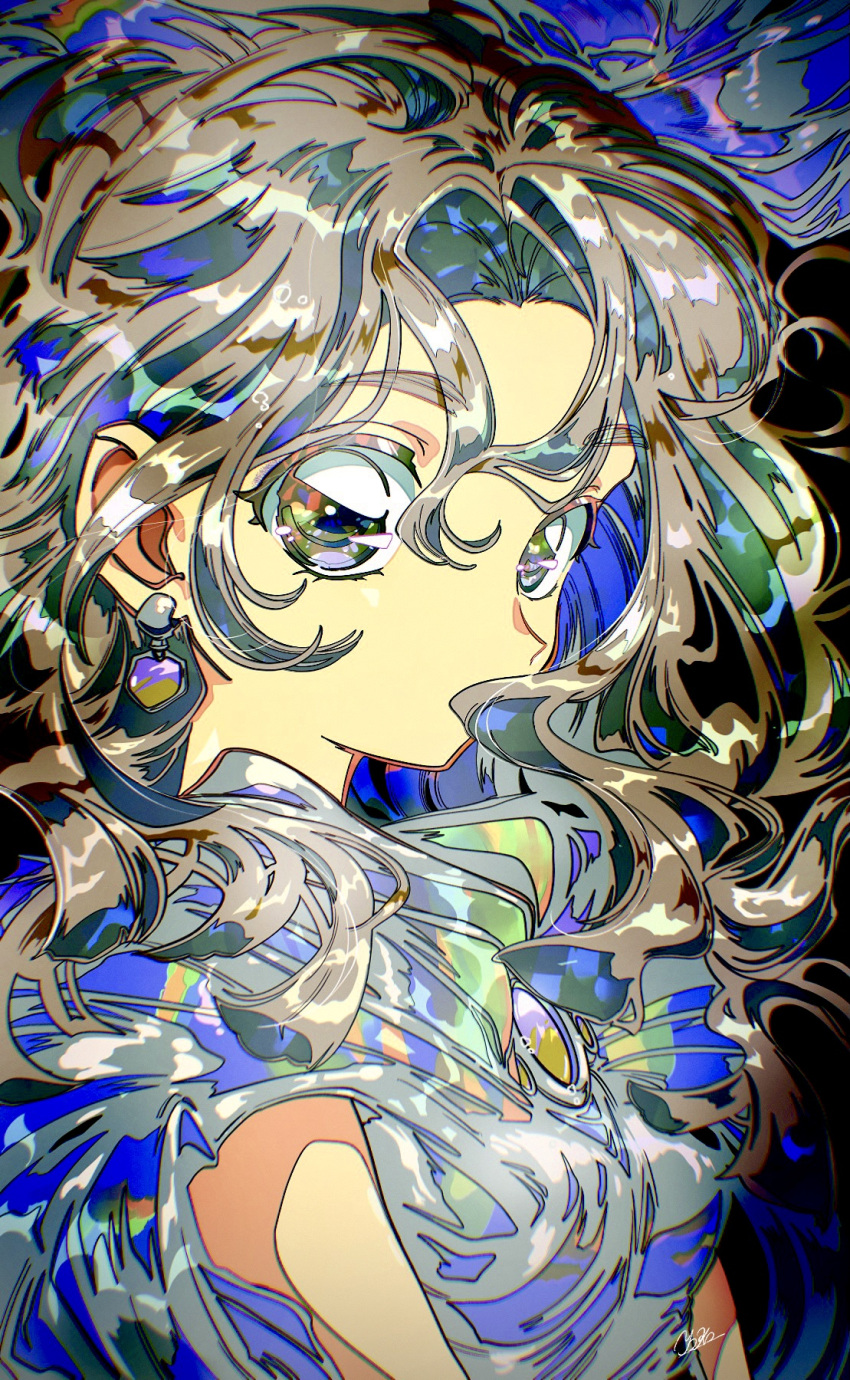 1girl, dress, earrings, floating_hair, grey_dress, grey_hair, hair_over_mouth, highres, hrn_yc, jewelry, long_hair, looking_at_viewer, original, shiny, shiny_clothes, shiny_hair, short_sleeves, signature, solo, thick_eyebrows, upper_body