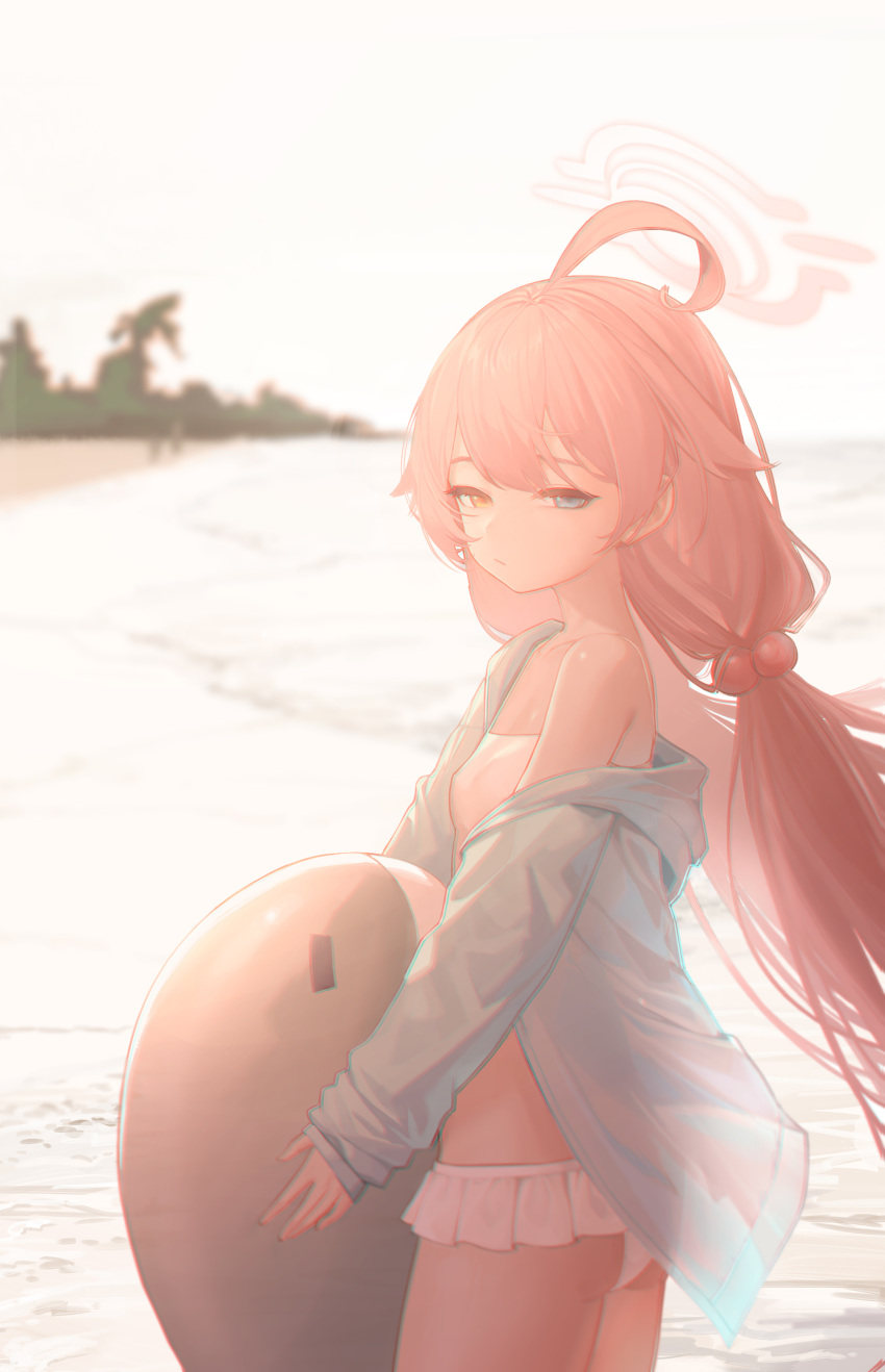 absurdres, ahoge, beach, bikini, blue_archive, blue_jacket, day, frilled_bikini