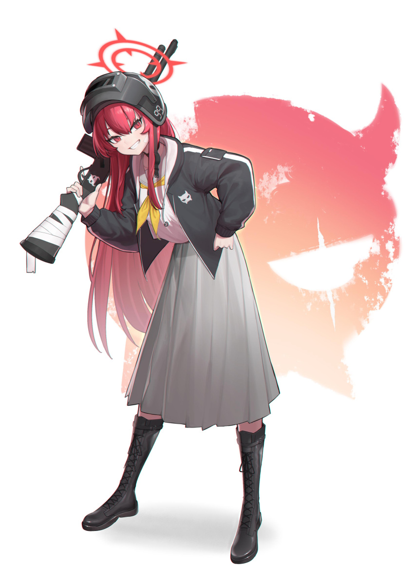 1girl, absurdres, altyn_helmet, bandaid, bandaid_on_face, blue_archive, boots, clenched_teeth, cross-laced_footwear, gun, helmet, highres, iouley, lace-up_boots, leaning_forward, long_hair, long_skirt, looking_at_viewer, military_helmet, neckerchief, pleated_skirt, rabu_(blue_archive), red_eyes, redhead, school_uniform, serafuku, shoes, shotgun, skirt, smile, solo, teeth, weapon, white_serafuku