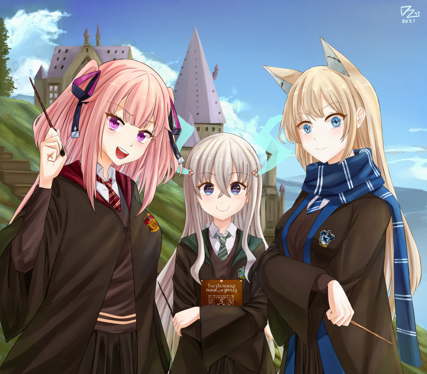 3girls, absurdres, animal_ears, blonde_hair, blue_eyes, cloak, dated, dragon_girl