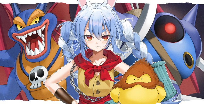 :t, animal_ear_fluff, animal_ears, bangs, blue_hair, blush, bracer, braid