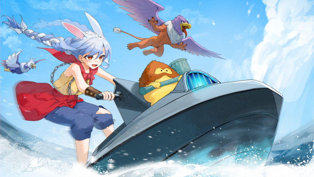 animal_ear_fluff, animal_ears, bangs, blue_hair, blue_pants, blue_sky, bracer, braid
