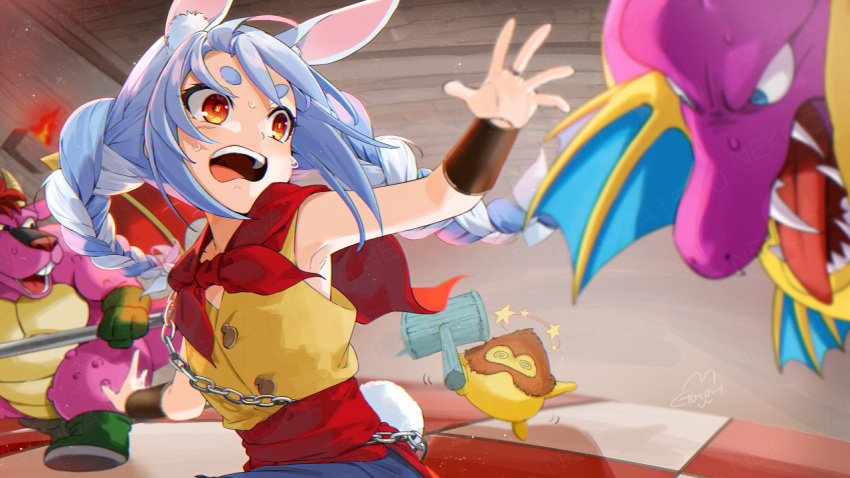 animal_ear_fluff, animal_ears, bangs, blue_hair, blue_pants, bracer, braid, bunny-shaped_pupils
