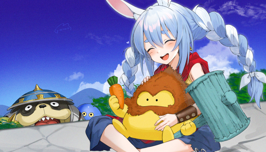 1girl, :d, ^_^, animal_ear_fluff, animal_ears, bangs, blue_hair, blue_pants