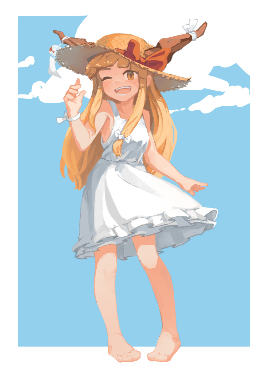 1girl, alternate_costume, bangs, barefoot, blonde_hair, bow, breasts, commentary_request