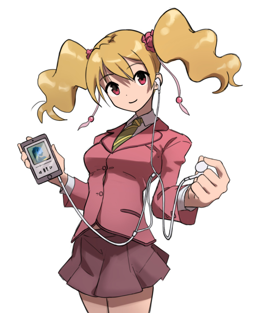 1girl, blonde_hair, cellphone, closed_mouth, cowboy_shot, earplugs, ffgghhjj, fresh_precure!