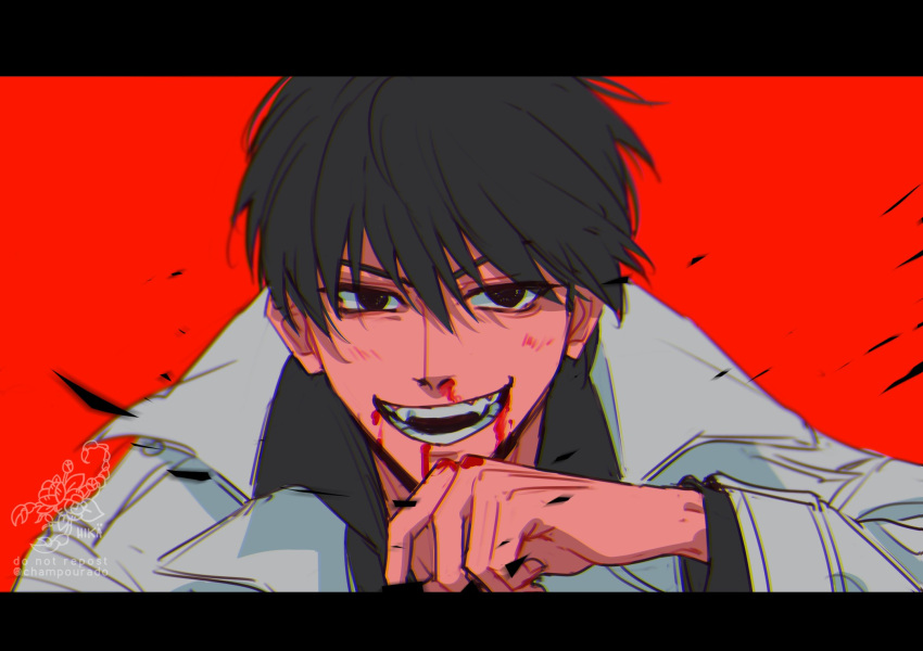 1boy, bangs, black_eyes, black_hair, black_shirt, blood, blood_from_mouth, blood_on_face