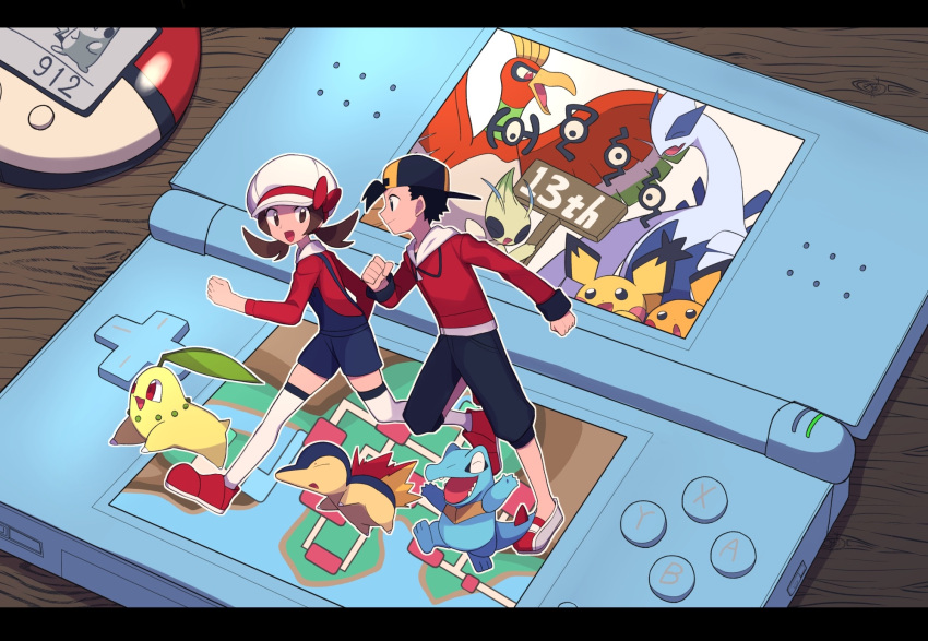 1boy, 1girl, backwards_hat, baseball_cap, black_hair, black_headwear, black_pants, blue_overalls