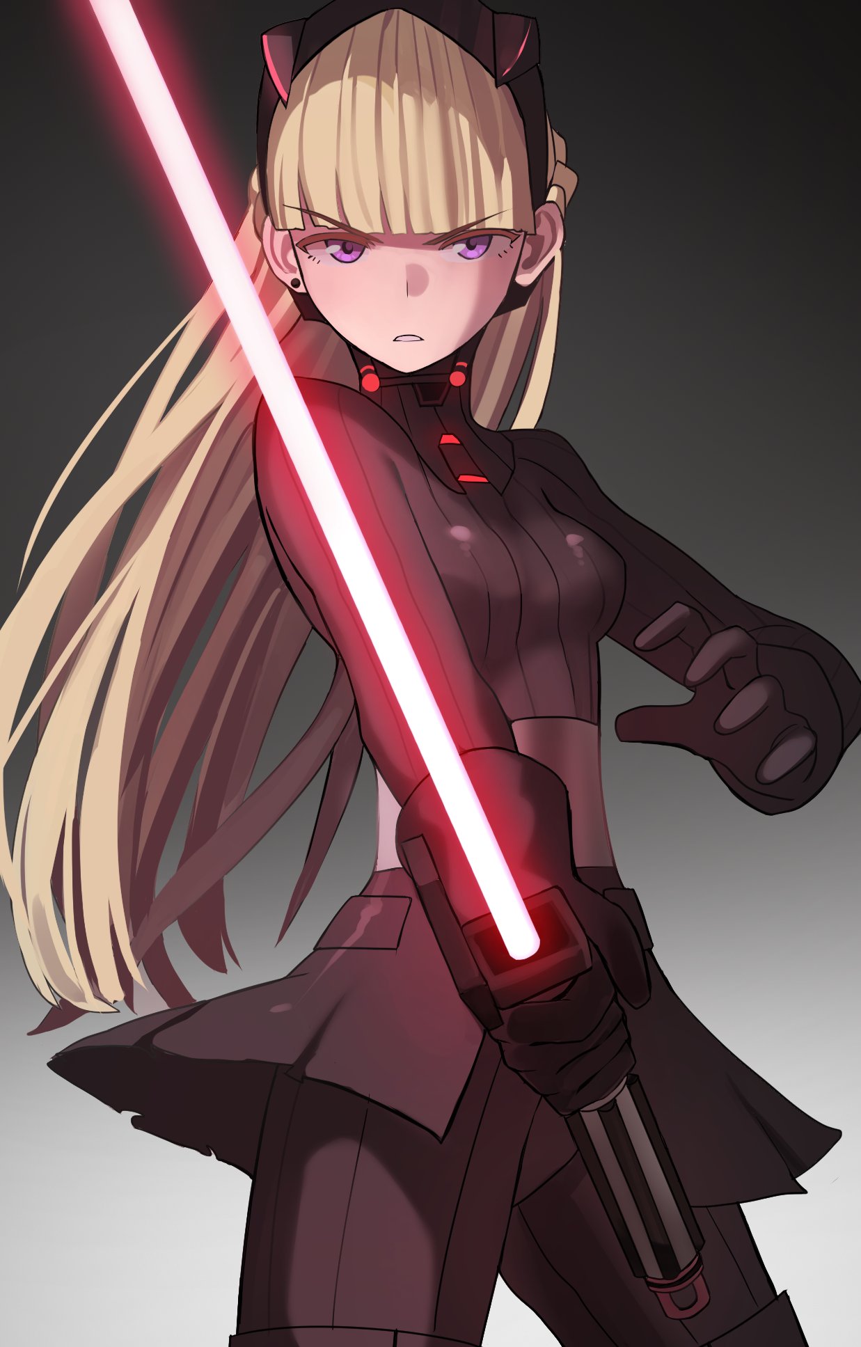 1girl, am_(star_wars), bangs, black_hairband, black_skirt, blonde_hair, breasts, energy_sword