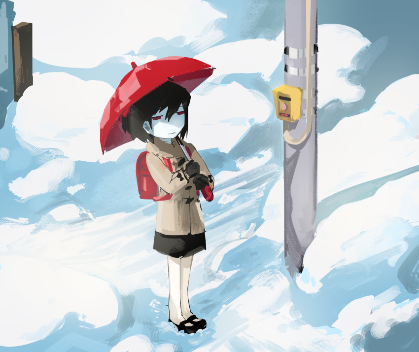 1girl, absurdres, backpack, bag, bangs, black_footwear, black_gloves, black_hair
