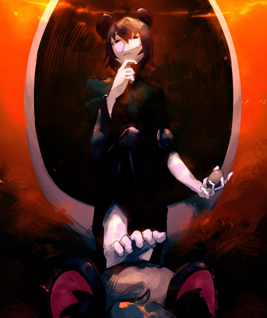 2girls, absurdres, animal_ears, bangs, barefoot, black_eyes, capelet, closed_mouth