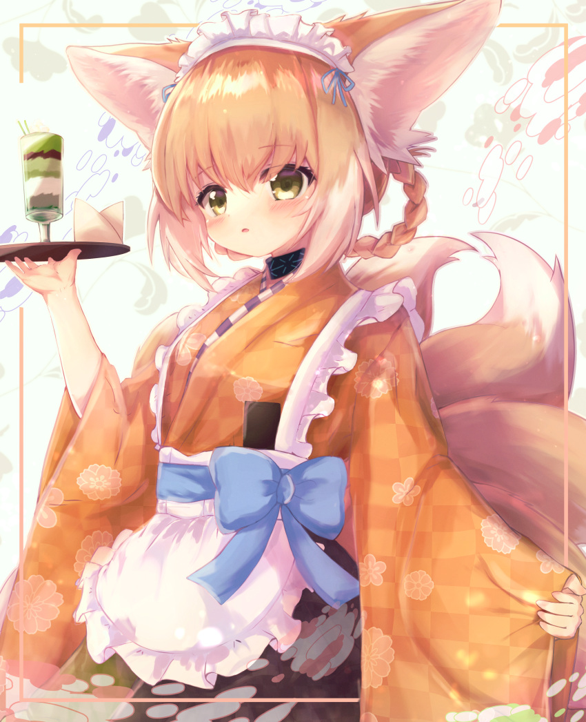 1girl, absurdres, alternate_costume, animal_ears, apron, arknights, bangs, blonde_hair