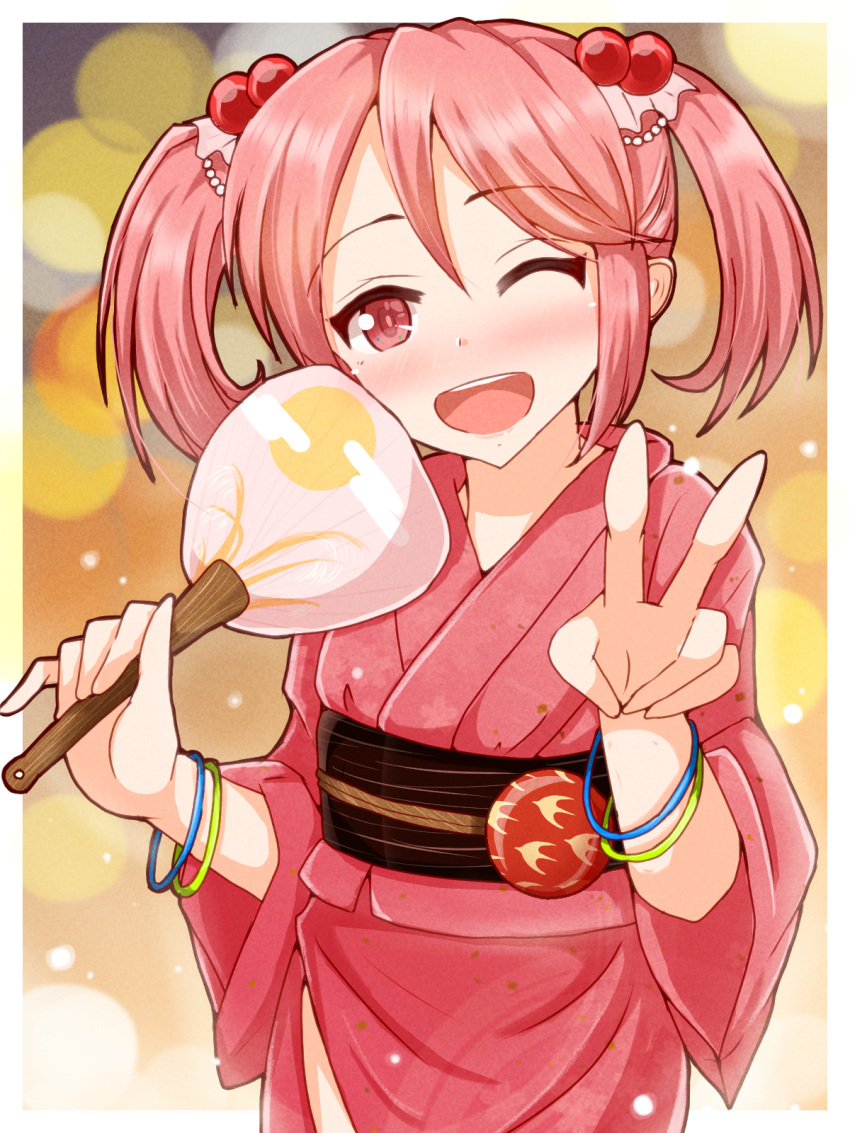 1girl, alternate_costume, hair_ornament, hand_fan, highres, japanese_clothes, kantai_collection, kimono, long_sleeves, pink_eyes, pink_hair, pink_kimono, sawatani_(chevalier_04056), sazanami_(kancolle), short_hair, short_twintails, twintails